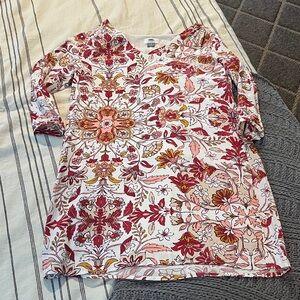 Old Navy White V-Neck Tunic Dress with Rust, Beige, & Pink Floral Print (XS TP)